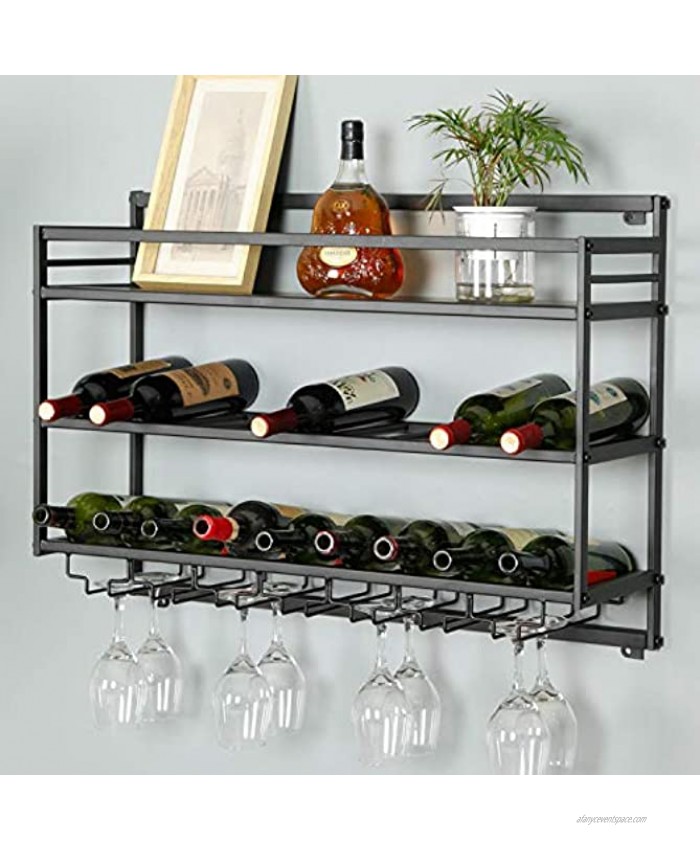Industrial 3-Tier Wall-Mounted Wine Rack 20 Bottles and Glass Holder Organizer Home Wine Storage Rack Wine Display Shelf for Kitchen Bar Restaurant L: 31.5'' Black