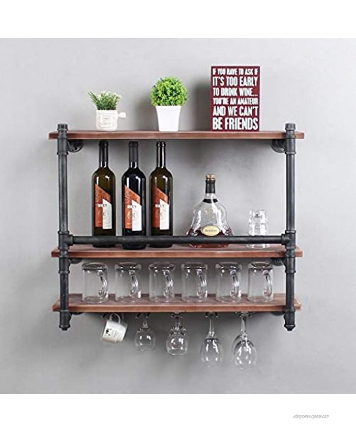 Industrial 30 Wall Mounted Wine Racks with 5 Stem Glass Holders for Wine Glasses,3-Tier Storage Wood Shelf,Mugs Rack,Bottle & Glass Holder,Wine Storage Display Rack,Home DécorStyle B