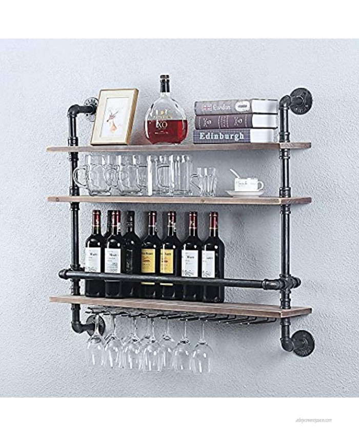 Industrial Pipe Shelf Wine Rack Wall Mounted with 9 Stem Glass Holder,36in Real Wood Shelves Kitchen Wall Shelf Unit,3-Tiers Rustic Floating Bar Shelves Wine Shelf,Steam Punk Pipe Shelving Glass Rack
