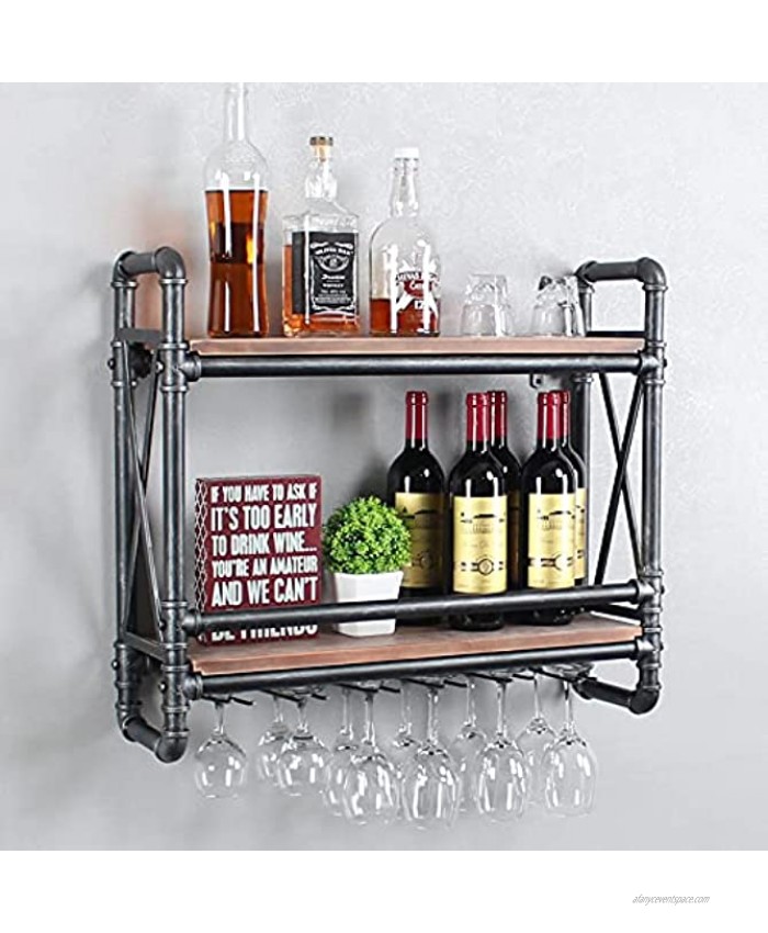 Industrial Wall Mounted Wine Rack,2 Tier Wood Shelf,Wine Bottle with 6 Stemware Glass Rack,Mugs Racks,Bottle & Glass Holder,Wine Storage Display Racks,Home & Kitchen Décor