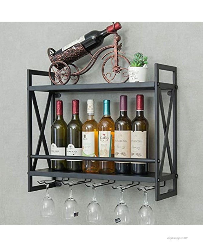 Industrial Wine Rack 14 Bottles Wall-Mounted Wine Cabinet with 5 Glasses Holder Metal Wine Storage Shelf Multi-Function Display Rack for Home Bar Restaurant Kitchen 23.6'' x7.9'' x20.5''
