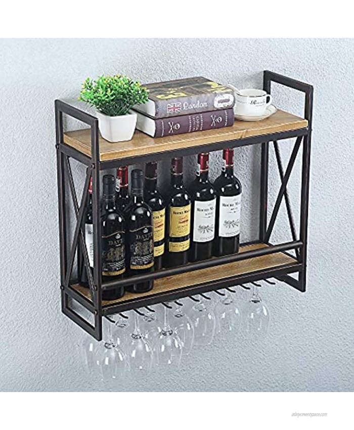 Industrial Wine Racks Wall Mounted with 6 Stem Glass Holder,Rustic Metal Hanging Wine Holder,2-Tiers Wall Mount Bottle Holder Glass Rack,Wood Shelves Wall Shelf Wine Accessories23.6in,Bronze