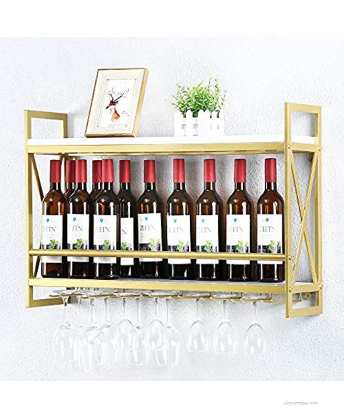 Industrial Wine Racks Wall Mounted with 8 Stem Glass Holder,31.5in Rustic Metal Hanging Wine Holder Wine Accessories,2-Tiers Wall Mount Bottle Holder Glass Rack,Wood Shelves Wall ShelfGold