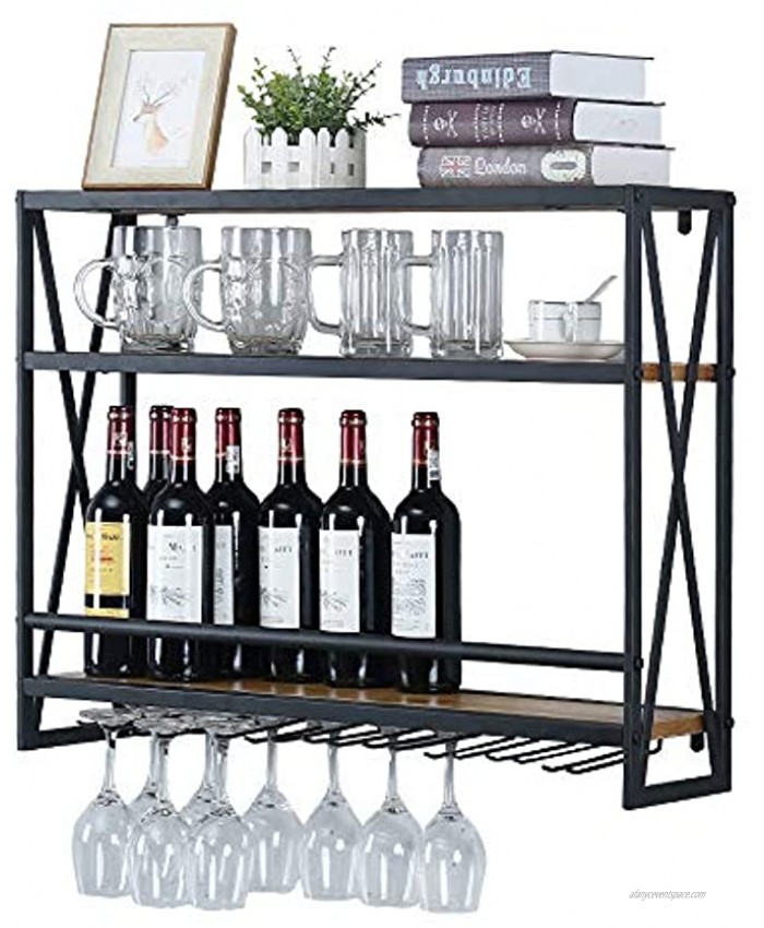 Industrial Wine Racks Wall Mounted with 8 Stem Glass Holder,31.5in Rustic Metal Hanging Wine Holder Wine Accessories,3-Tiers Wall Mount Bottle Holder Glass Rack,Wood Shelves Wall ShelfBlack