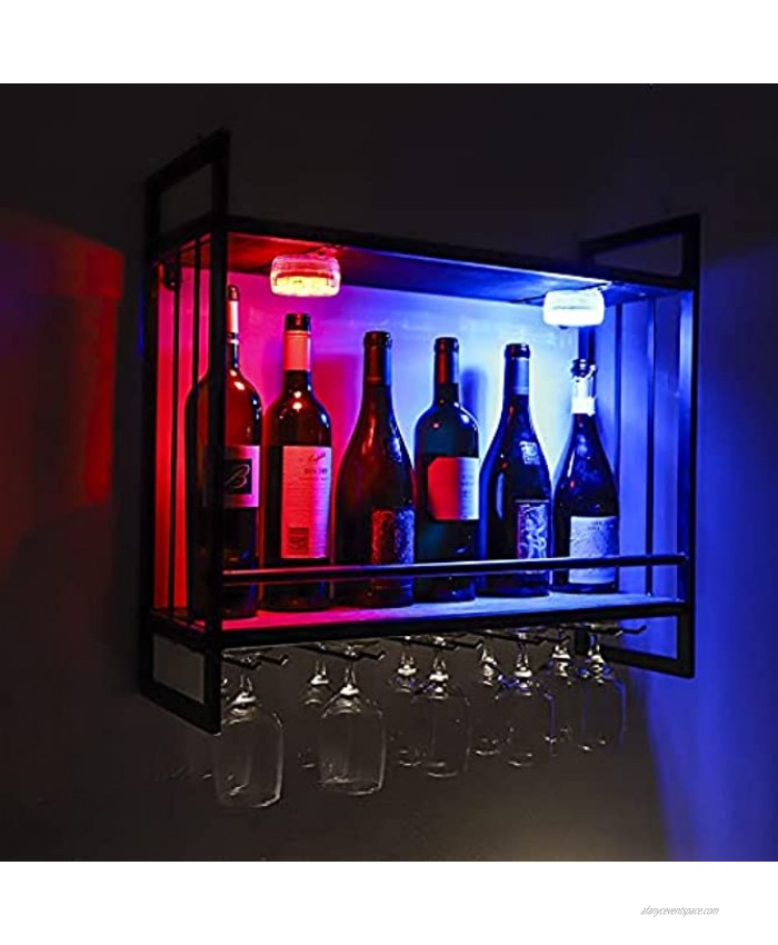 LED Wine Rack Wall Mounted Wine Bottle Stemware Rack 23.6In Rustic Metal Hanging Wine Holder With 5 Stem Glass Holders For Wine Glasses 16 RGB Dimmable Colors With Remote Control
