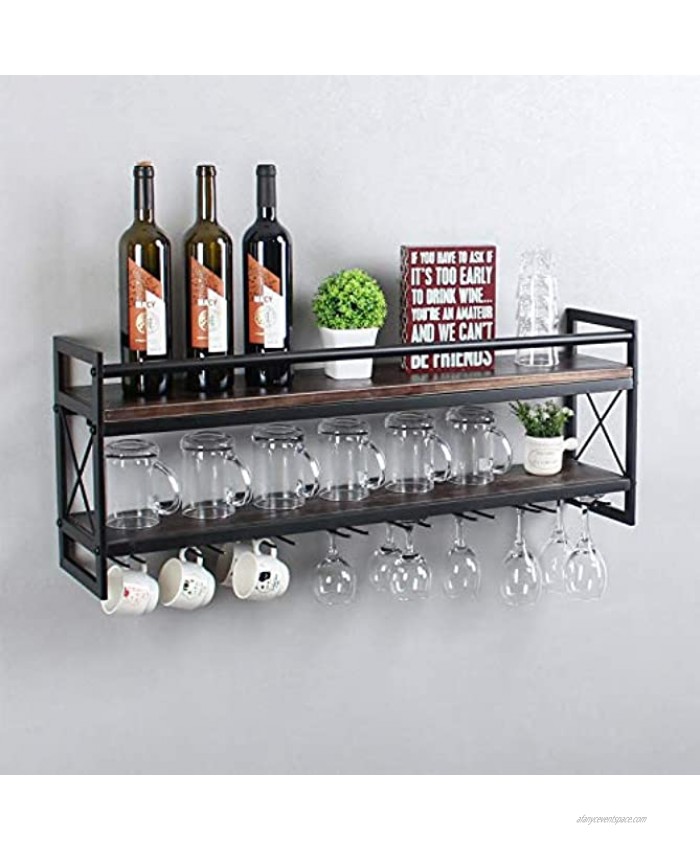 LENGEN Modern Wall Mounted Wine Rack,2 Layer Bottle & Glass Holder,36 Wine Storage Stemware Glass Rack,Metal & Wood Display Racks,Home & Kitchen Decor Storage Rack,Vintage Black