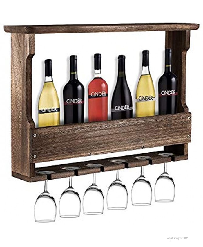MITIME Floating Wine Shelf and Glass Rack Set Wall Mounted Paulownia Wood Wine Rack 6 Bottle 6 Long Stem Glass Holder