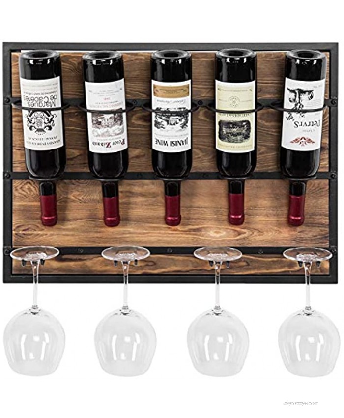 MyGift 5-Bottle Modern Burnt Wood & Black Metal Wall Mounted Wine Rack with 4 Glass Hangers