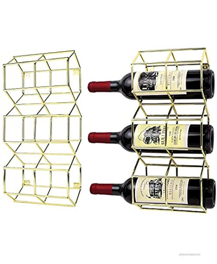 MyGift Modern Brass Plated Metal Wire Hexagonal Geometric Wine Rack Holder Wall Mounted Bottle Display Shelf Set of 2