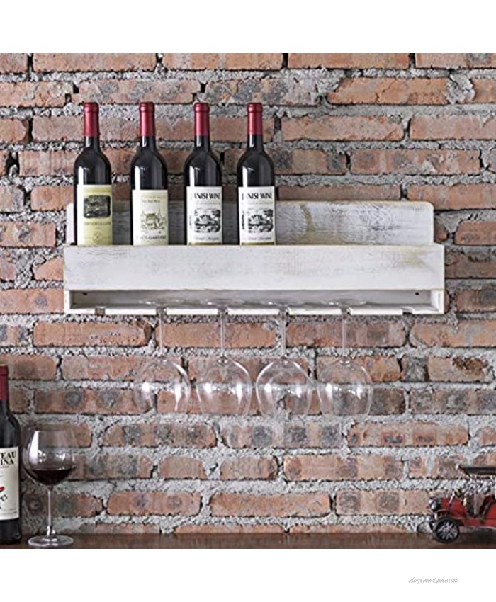 MyGift Rustic Whitewashed Wood Wall-Mounted Wine Rack with Bottle & Glass Holder