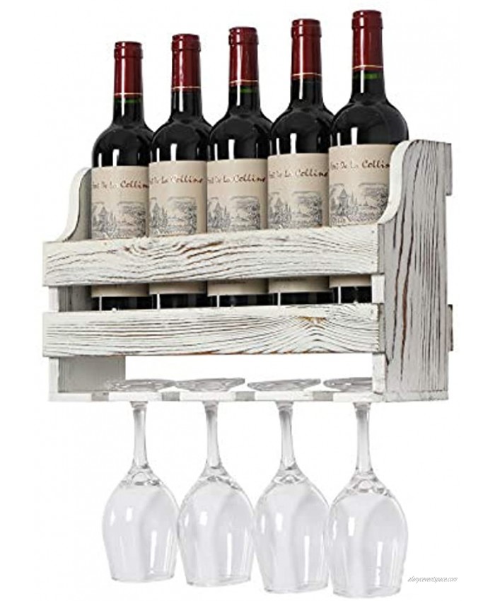 OROPY Rustic Wood Wall Mounted Wine Rack Holds 5 Wine Bottles and 4 Stemware Glass Holder Decorative for Home Bar Dining Room Kitchen Rustic White