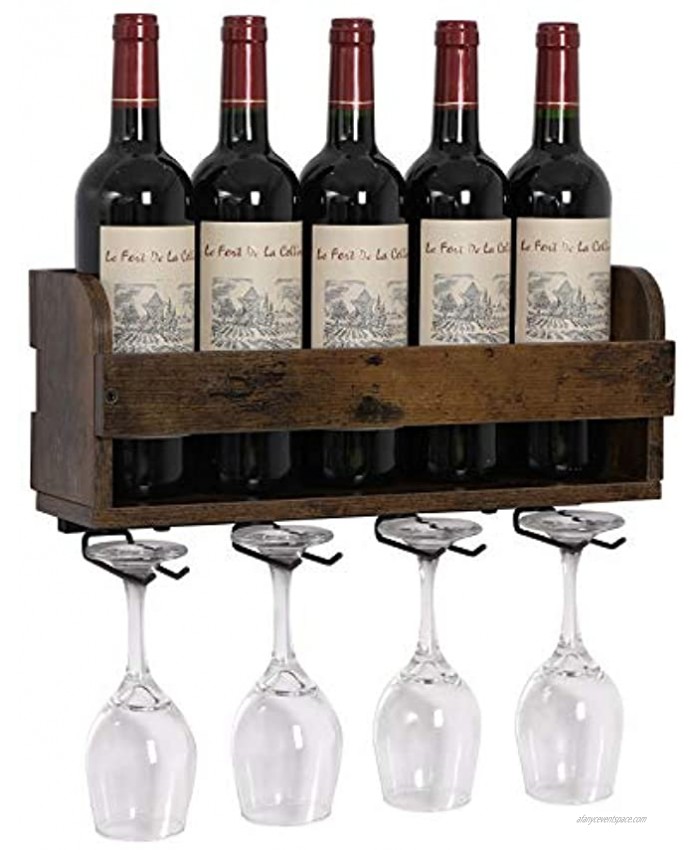 OROPY Vintage Wall Mounted Wine Rack Holds 5 Wine Bottles and 4 Stemware Glass Holder Decorative for Home Bar Dining Room Kitchen Retro Color
