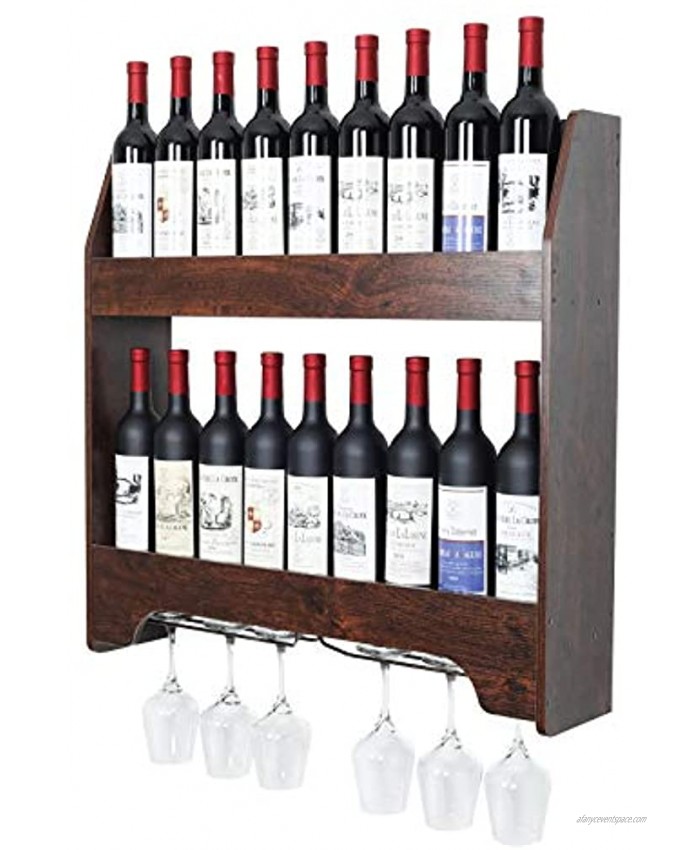 PAG 2-Tier Wall Mounted Wine Rack Bottle & Glass Holder Store Red White Champagne Liquor Wooden Floating Shelf for Home Kitchen Living Room Brown