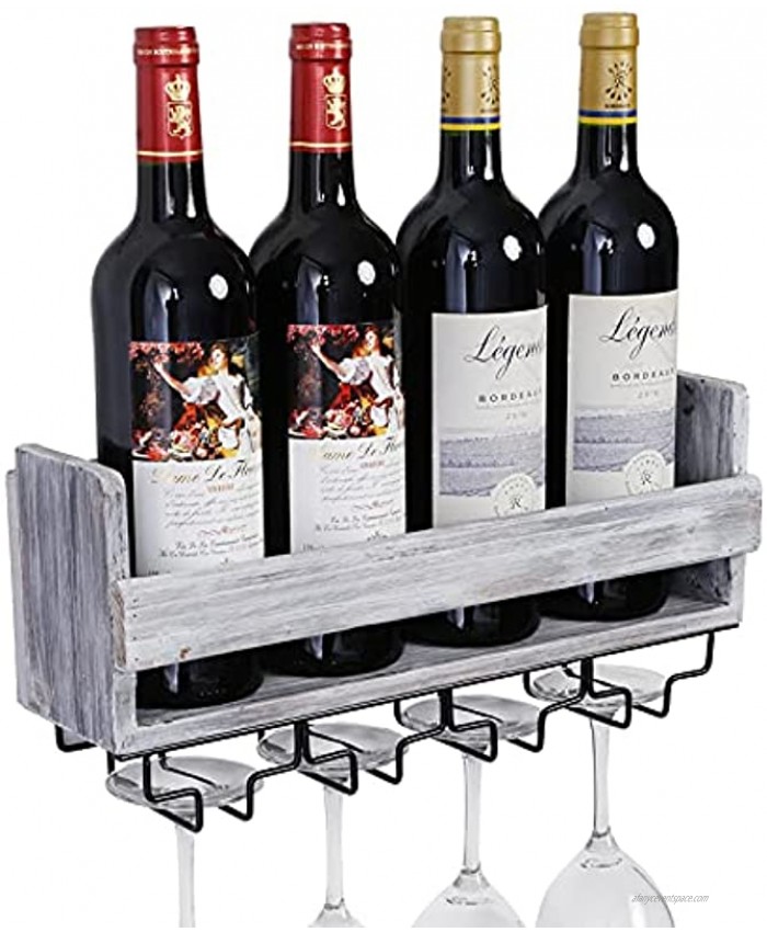 Satauko Wooden Wine Rack for 4 Long Stem Glass Storage Wall Mounted Wine Bottle Holder for Living Room Display Rustic Floating Wine Shelf Organizer for Home Kitchen Décor.Gray