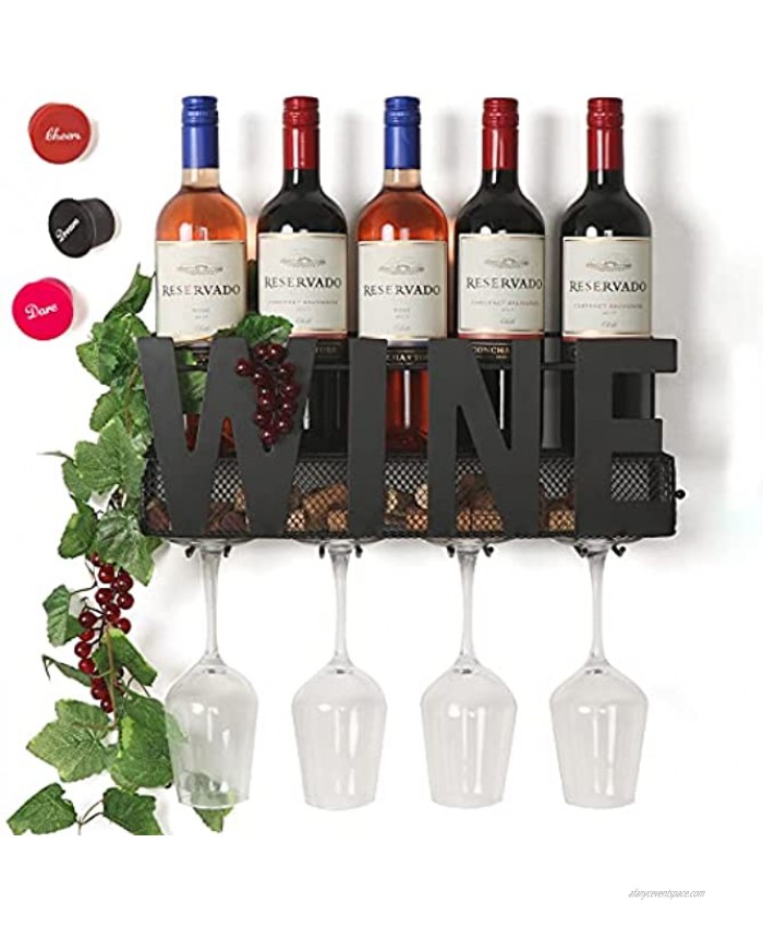 Soduku Wall Mounted Metal Wine Rack 4 Long Stem Glass Holder & Wine Cork Storage Wine