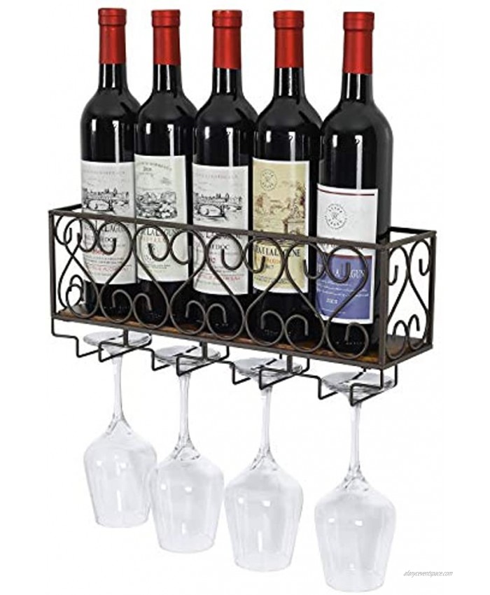 TQVAI Wall Mounted Wine Rack with 4 Glass Holder Cork Storage Home Kitchen Décor Brown
