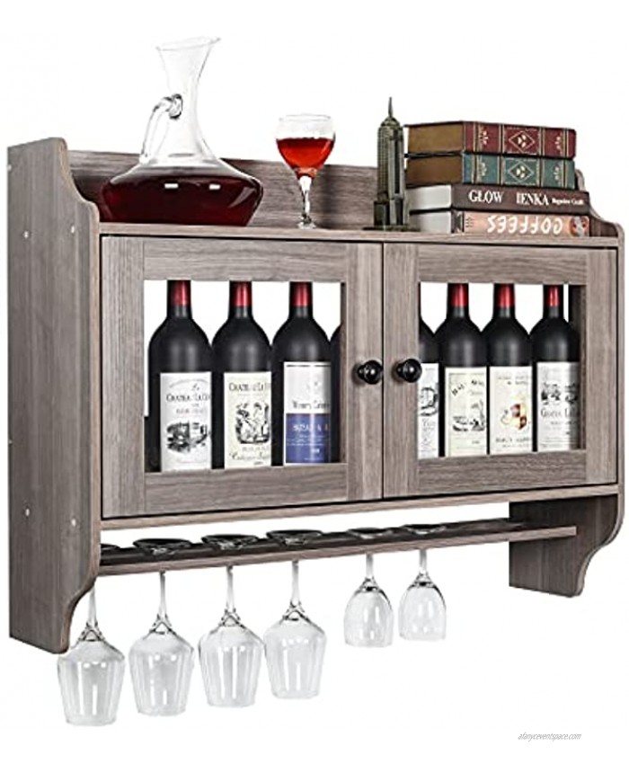 TQVAI Wood Wall Mounted Wine Rack with with Glass Holder and Acrylic Window for Wine Lover Wine Cellar Home Décor Walnut Gray Retro Grey