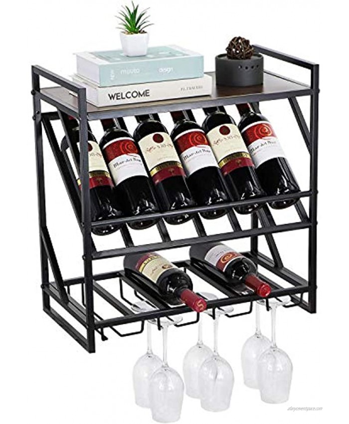 Vintage Wall Mounted Wine Rack  Rustic Wall Mounted Floating Shelves  Metal Wine Rack Wall Mounted with 4 Stem Glass Holder  Industrial Black Wine Rack Wall Décor 3 Tier 20 inch