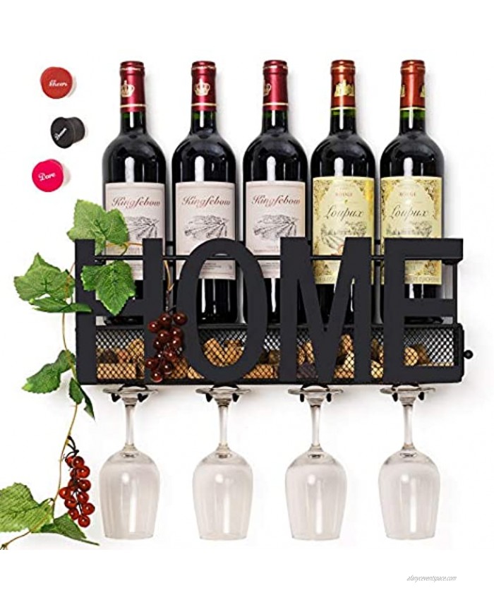 Wall Mounted Metal Wine Rack 4 Long Stem Glass Holder & Wine Cork Storage by Soduku