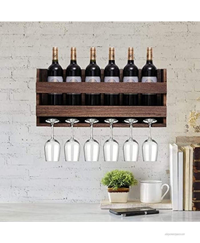 Wall Mounted Wine Rack and Glass Holder Hanging Bottle & Glass Rack 6 Bottles & Stemware Glass Organizer for Kitchen Bar or Home