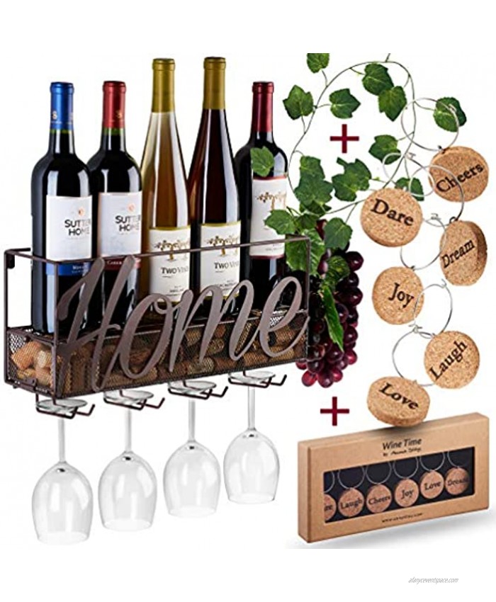 Wall Mounted Wine Rack Bottle & Glass Holder Cork Storage Store Red White Champagne Come with 6 Cork Wine Charms Home & Kitchen Décor Storage Rack Designed by Anna Stay,Home