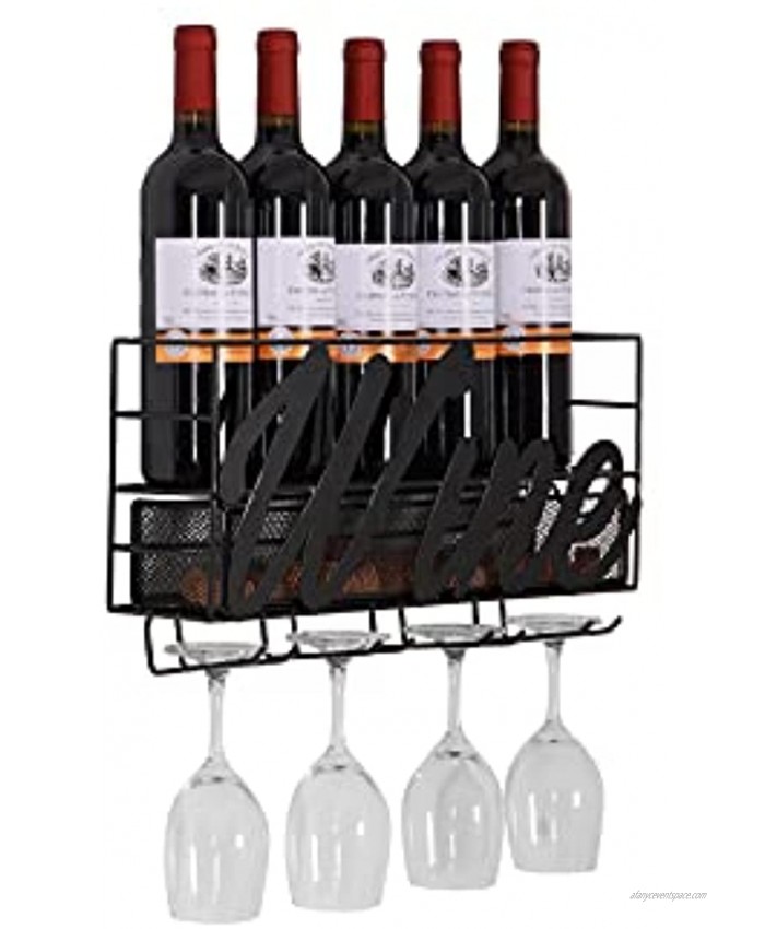 YCOCO Wall Mounted Metal Wine Rack,Hanging Stemware Glass Holder,Wine Corks Storage Wine Kitchen Storage Rack,Modern Home Kitchen Decor,Black