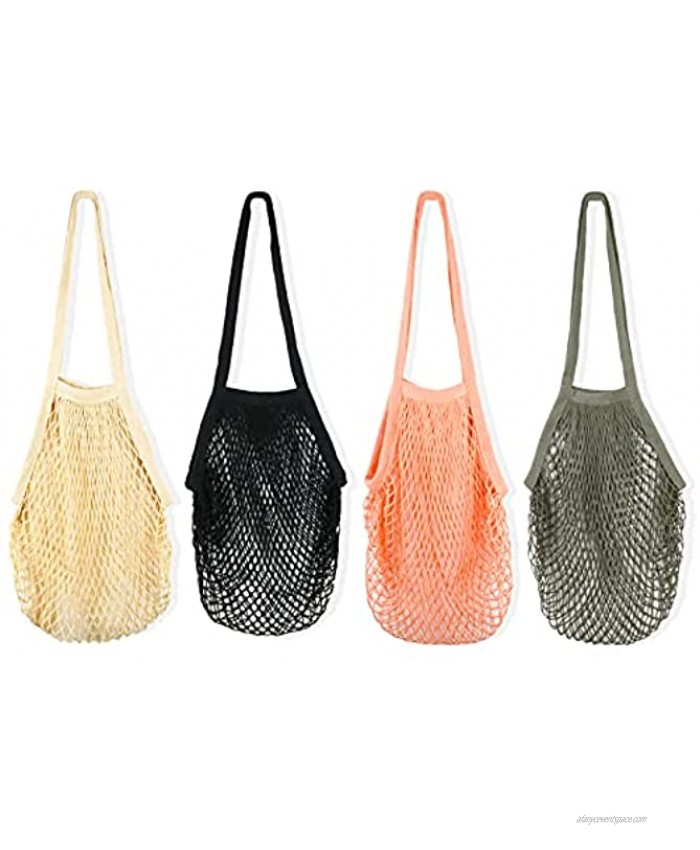 [4 Pack] Premium Mesh Grocery Bags Reusable Produce Bags Long Handle Net Tote Bags 100% Cotton String Bags Fruit and Vegetable Bags 4 colors Portable Washable Durable