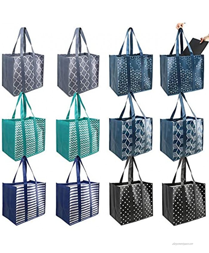 BeeGreen 12 Pieces Reusable Grocery Bags Extra Large Shopping Totes with Removable Bottom Durable Heavy Duty Easy to Clean for Groceries Foldable Grey Navy Teal Blue Black