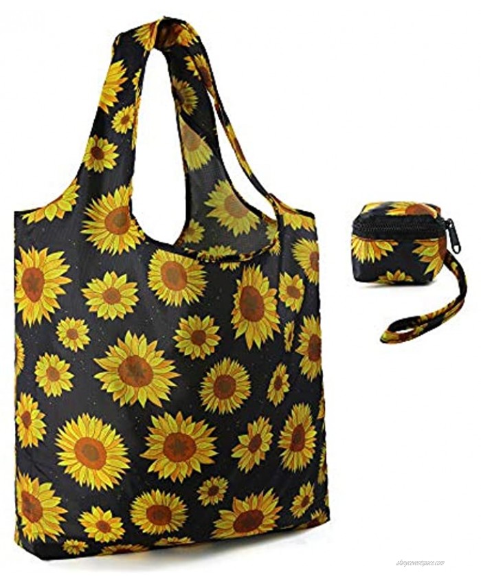 BeeGreen Reusable Grocery Bags Machine Washable Large Capacity 50 LBS Foldable Eco-friendly Tote Bag Heavy Duty Easily Folding into Attached Zipper Cube PocketPortable Bag with Cute Sunflower Print