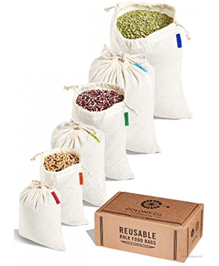 Colony Co. Reusable Bulk Food Bags Set of 6 Assorted Sizes Certified Organic Cotton Muslin Tare Weight Label Washable Double-Drawstring Design Recyclable Packaging Zero Waste