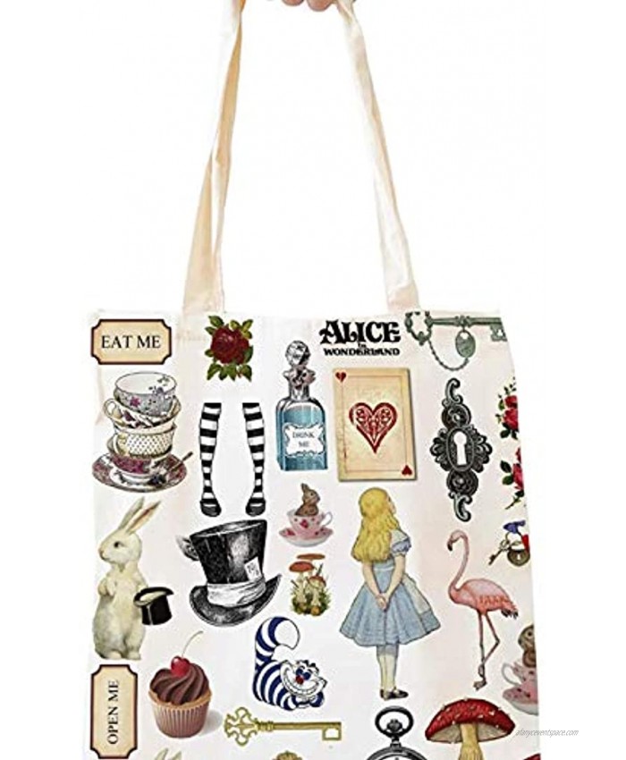 Funny Alice in Wonderland Natural Cotton Reusable Tote Bag | Cute Eco-Friendly Shopping Bag Tote Bag Shoulder Bag Gifts for Teens Women Best Friends Bookworm