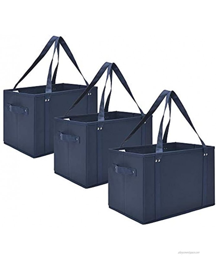 GRANNY SAYS Reusable Grocery Bags Collapsible Shopping Tote Bags Eco-Friendly Shopping Cart Bags Washable Large Storage Bins Heavy Duty Canvas Shopping Bags with Handles & Straps Navy 3-Pack