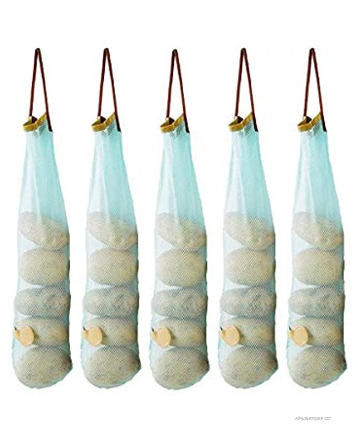 Hanging Mesh Storage Bags For Vegetables,Potatoes,Onions,Garlics,Long and Large Reusable Net Storage Tote Bags for Fruit Veggies Green Pepper or Garbage Bag Pack of 5 Blue
