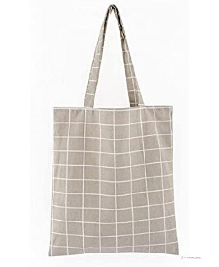 Hooshing Canvas Tote Bag Cute Plaid Reusable 100% Cotton with Zipper and Inside Pocket Gray 1 Pack