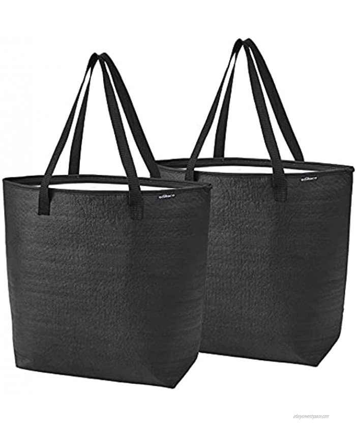 Insulated Reusable Grocery Bags 2 Pack Leakproof Shopping Tote Bags with Reinforced Handles and Sturdy Zipper for Groceries Food Transport Travel Picnic Camping Black