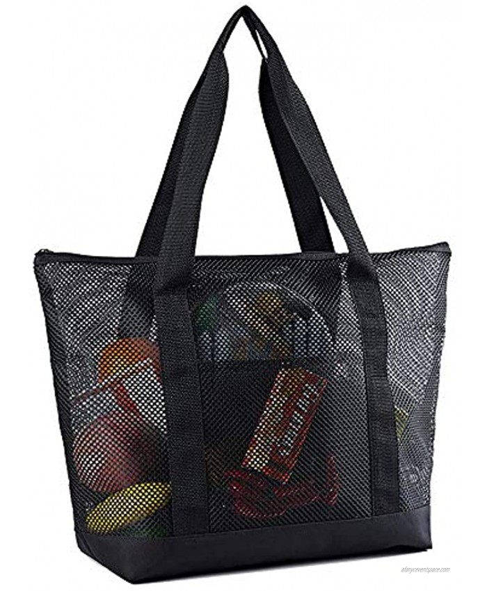 Mesh Beach Bags Grocery Produce Tote Bag with Zipper & Pockets for Gym Picnic Shopping or Travel