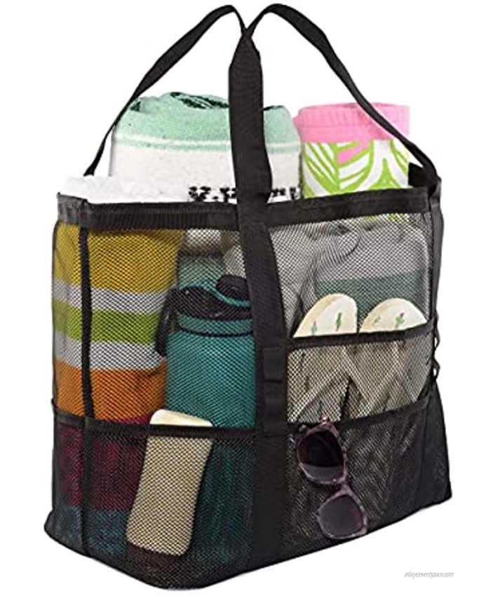 PRIME LINE RETAIL Mesh Net Beach Tote Bag Foldable Reusable Durable and Washable Lightweight Pack of One 24x15x8.5 with Inner Pocket Black Pool Tote