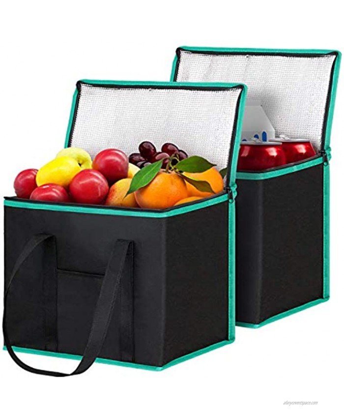 WISELIFE Insulated Reusable Shopping Bags Grocery Bags [2 Pack] with Handles,Heavy Duty Produce Bags Food Delivery Bags Cooler Bags w Zippered Top for Groceries,Food Transport,Travel,Picnic,Camping-GR