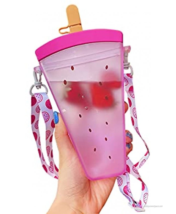 12Oz 350MLCute Water Bottles with Straws Creative Kawaii Popsicle Cups Leakproof Plastic Popsicle Bottles with Shoulder Strap Multi-Colored Juice Drinking Bottle Suitable for Adult Children