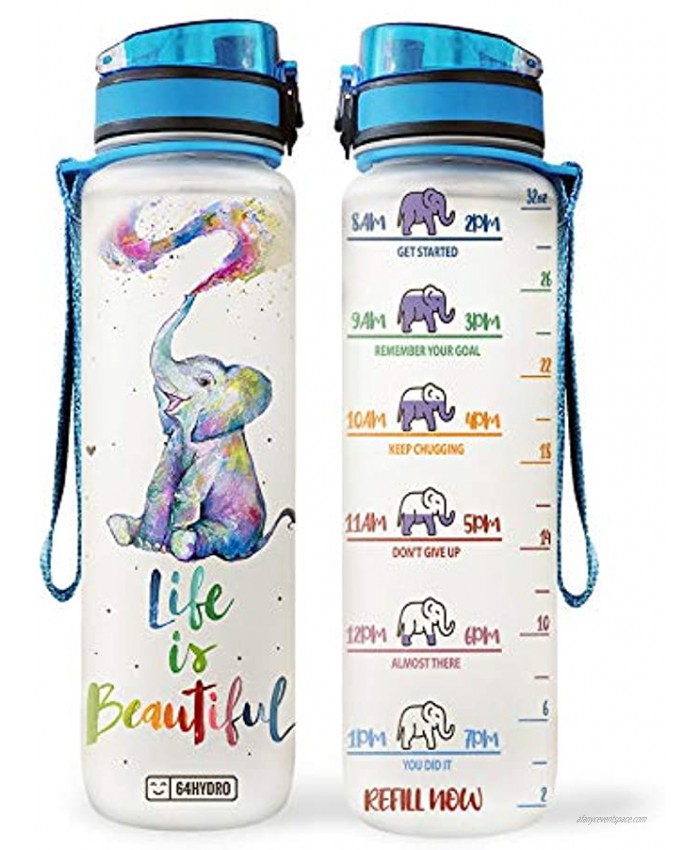 64HYDRO 32oz 1Liter Motivational Water Bottle with Time Marker Colorful Painting Elephant Lover Life is Beautiful HHP1707027 Water Bottle