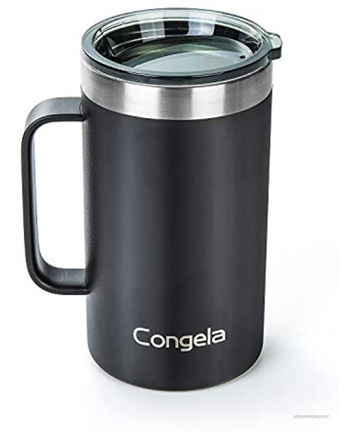 Congela 22oz Black stainless steel insulated coffee mug with BIG handle tea thermos cup with clear Tritan lid for travel camping BPA freeBlack,22oz
