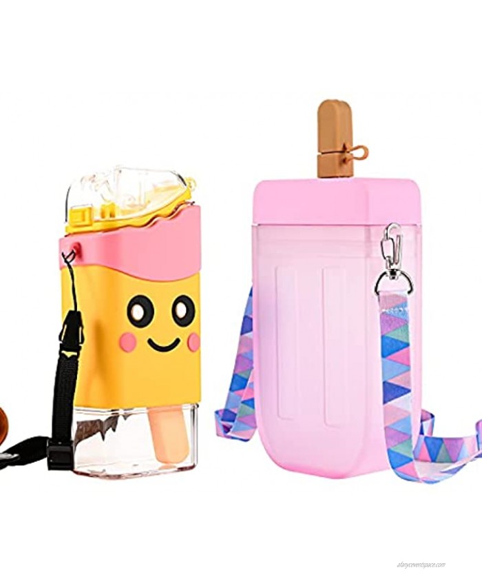 Cute Straw Water Bottle Creative Popsicle-shaped Straw Cup Water Cup 300ML Leak-proof Cup With Water Cup Multi-color Juice Drinking Cup Suitable For Children and Adults Pink + Yellow
