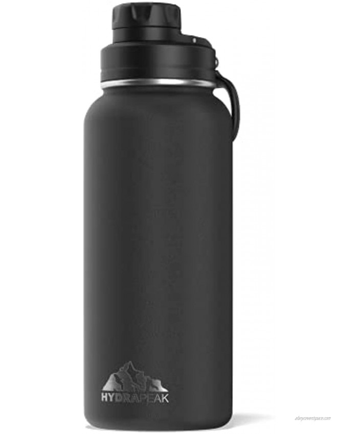 Hydrapeak Insulated Stainless Steel Water Bottle | 1 Liter Wide Mouth Reusable Bottle | Leak Proof Chug Lid | 32oz Triple Insulated Water Bottle | Metal Canteen Sports Flask Black