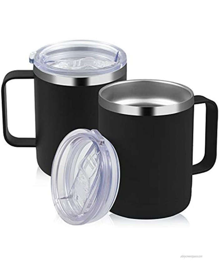 MANYHY 12oz Stainless Steel Coffee Mug with Handle and Sliding Lid Insulated Travel Cup 2 Pack Bulk Double Wall Vacuum Thermal Thermos Camping Tumbler for Hot & Cold Tea Drinks Black 2 Pack