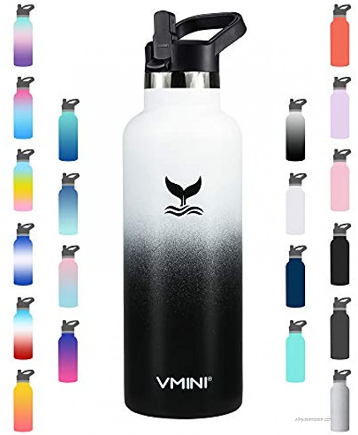Vmini Water Bottle Standard Mouth Stainless Steel & Vacuum Insulated Bottle New Straw Lid with Wide Handle Gradient White+Black & 22 oz