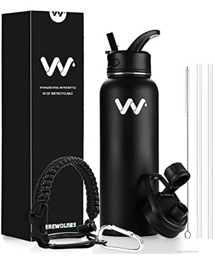 WEREWOLVES Insulated Sports Water Bottle with Straw Lid & Spout Lid Wide Mouth Vacuum Stainless Steel Water Bottle Double Walled Flask Thermos 18oz 24oz 32oz 40oz 64oz