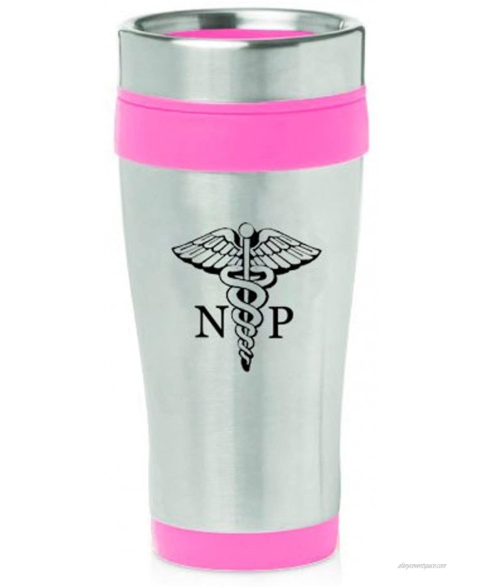 16oz Insulated Stainless Steel Travel Mug NP Nurse Practitioner Caduceus Hot Pink