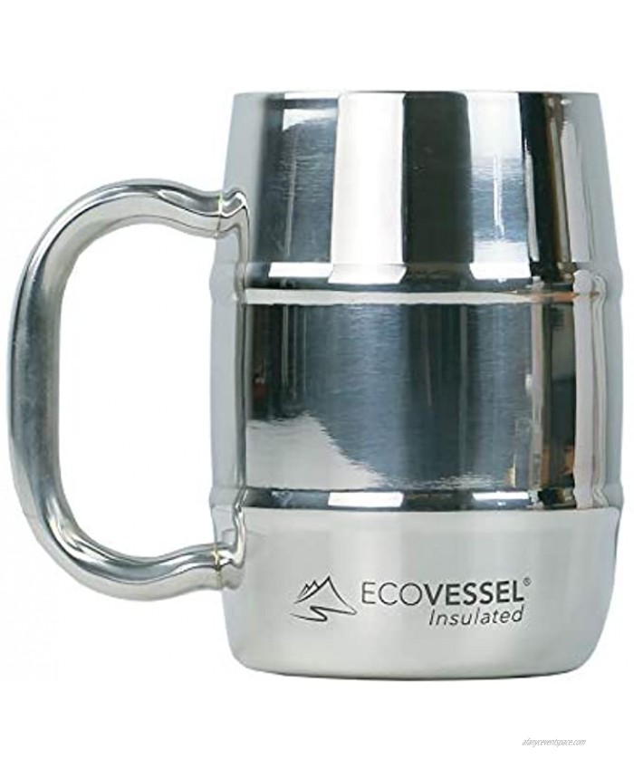 EcoVessel Double Barrel Mug Insulated Travel Coffee Cup with Lid & Wide Grip Handle Stainless Steel Beer Stein Travel Whiskey Glass Country Travel Mug or a Moscow Mule Tumbler Cup