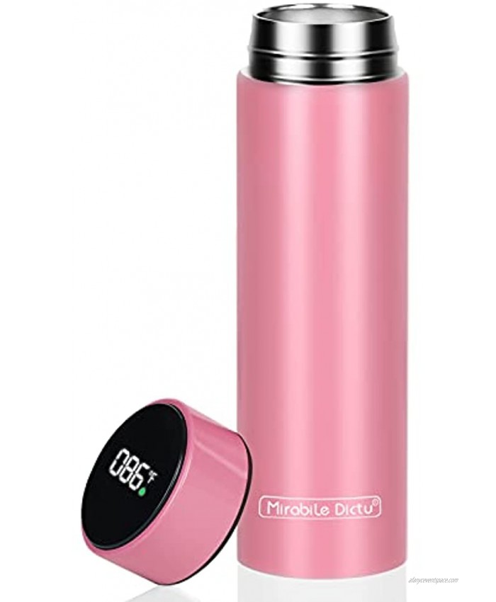 Intelligent Thermos with Temperature Display Stainless Steel Insulated Tea Infuser Tumbler for Loose Leaf Tea Iced Coffee and Fruit-Infused Water （Fahrenheit）- 17oz Dream-Pink