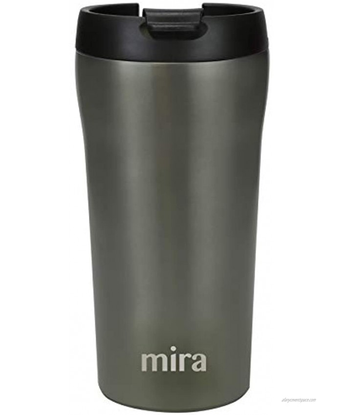 MIRA 12 oz Stainless Steel Insulated Travel Mug for Coffee & Tea Vacuum Insulated Car Tumbler Cup with Spill Proof Twist On Flip Lid Thermos Keeps Drinks Steaming Hot or Ice Cold Gray Satin